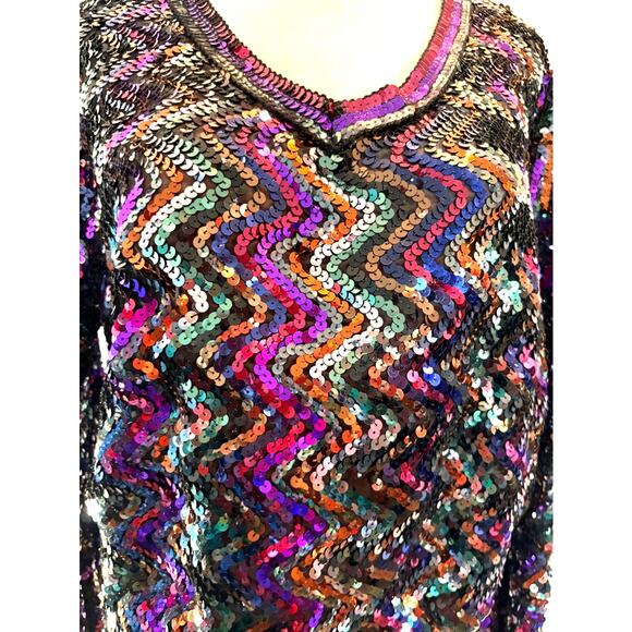Vintage 80's Toppettes Full Sequined Pullover V-Neck Top Zig-Zag Pattern S - Picture 7 of 8